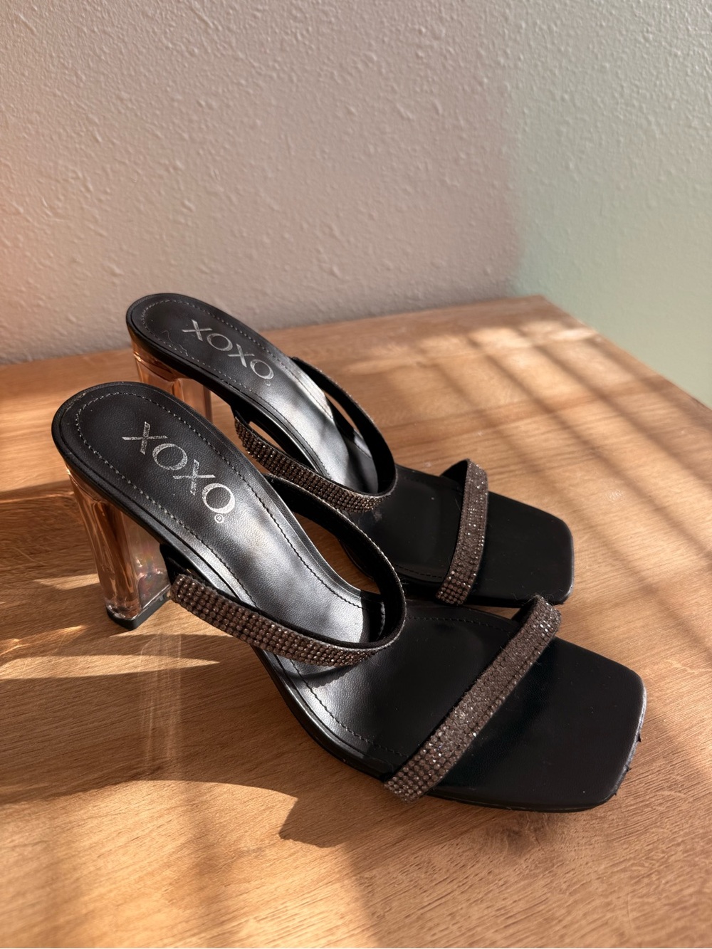 Black Crystal-Strap Heeled Sandals